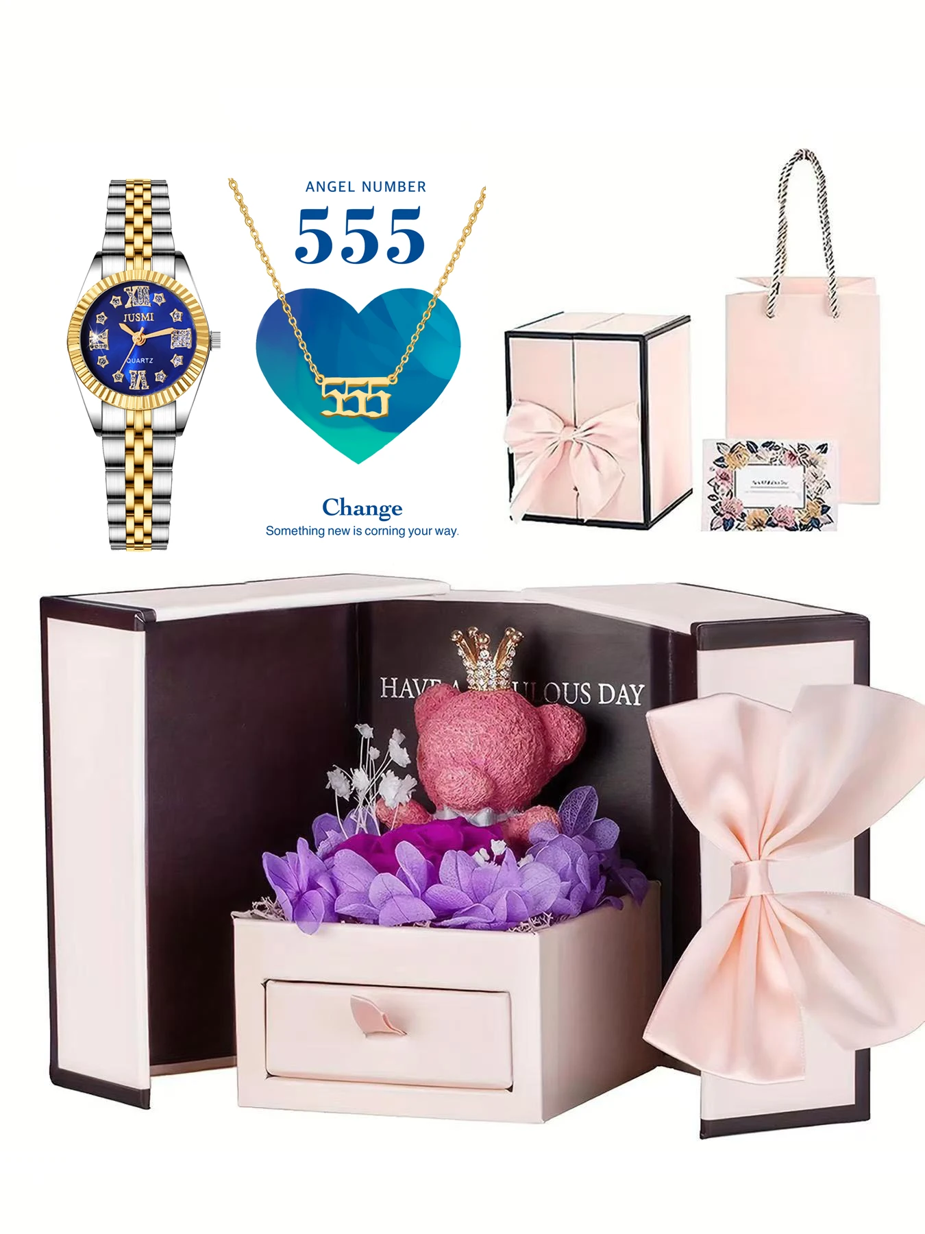 Lee más sobre el artículo Conjunto de caja de regalo de 3 piezas con flor preservada de oso pe