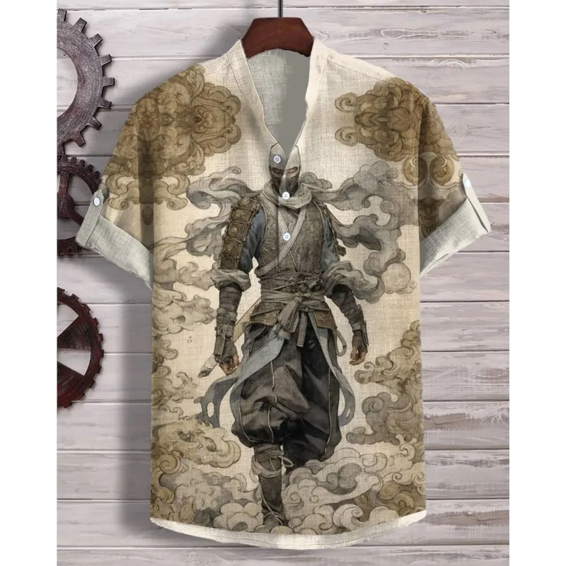 Lee más sobre el artículo Camisa informal de manga corta de lino de estilo chino con estampado