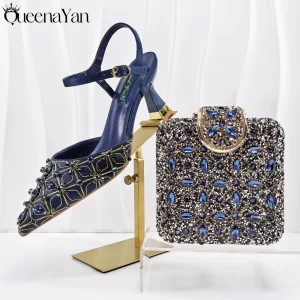 Lee más sobre el artículo QueenaYan-Conjunto de zapatos y bolso de tacón medio, color azul mar