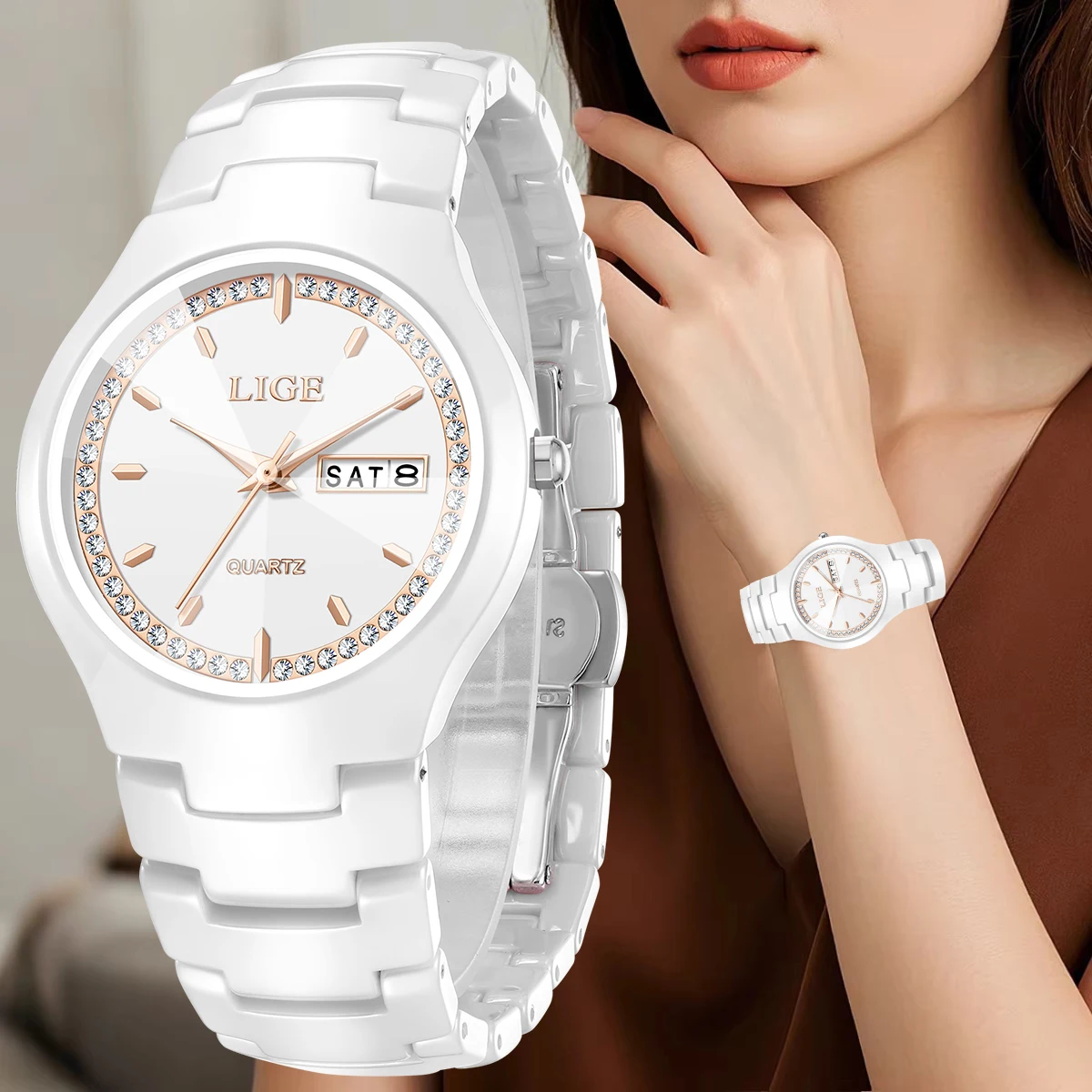 En este momento estás viendo Marca LIGE, reloj para mujer, correa de cerámica, calendario Simple