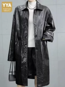 Lee más sobre el artículo Ropa de calle, gabardina de cuero genuino de Color sólido con bolsil