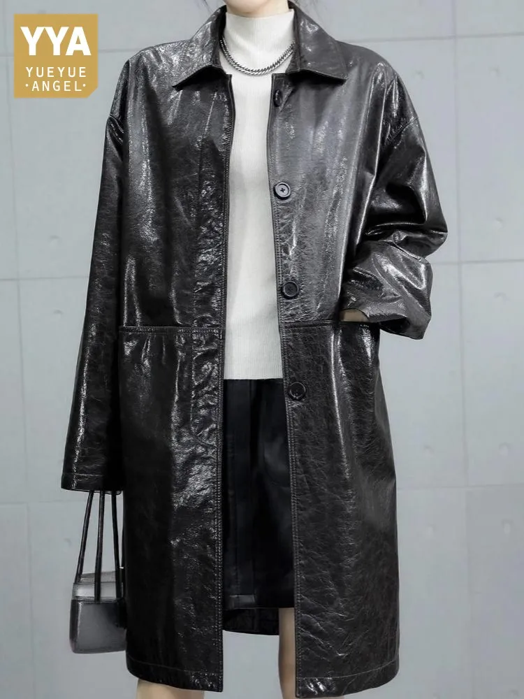 Lee más sobre el artículo Ropa de calle, gabardina de cuero genuino de Color sólido con bolsil
