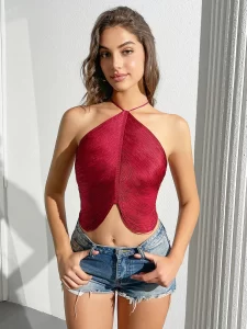 Lee más sobre el artículo Camisetas sin mangas de color rojo vino para mujer, trajes Rave sexy