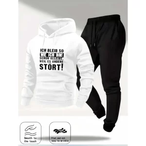 Lee más sobre el artículo Conjunto con capucha, pantalones de chándal blancos y negros, estamp