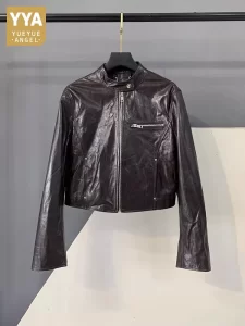 Lee más sobre el artículo Moda otoño nueva chaqueta de cuero genuino para mujer abrigo con cue