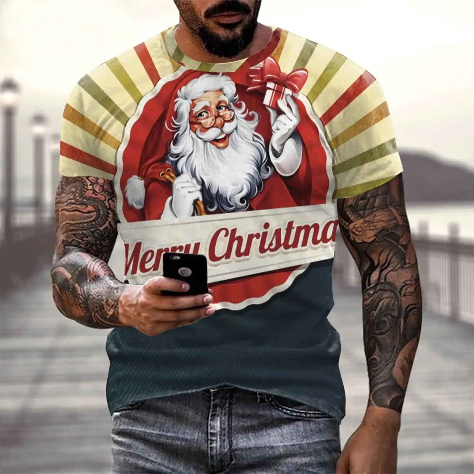 Lee más sobre el artículo Camiseta con estampado navideño en 3d para hombre,tops informales de