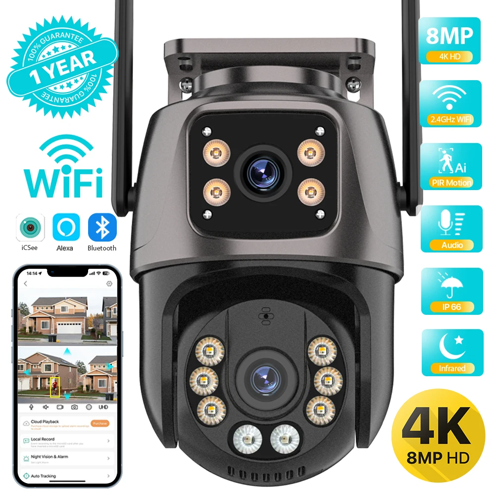 Lee más sobre el artículo Cámara PTZ 4K 8MP HD Wifi para exteriores 4MP lente Dual pantalla AI