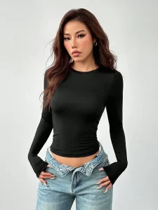 Lee más sobre el artículo Top de traje de yoga con cuello redondo para mujer, camiseta de mang