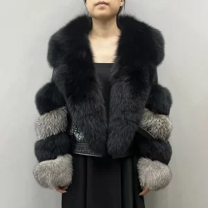 Lee más sobre el artículo Chaqueta recortada de piel Real para mujer, cuello de piel grande, m