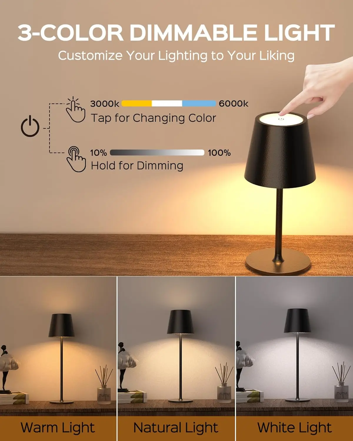 Lee más sobre el artículo Lámpara LED de mesa de escritorio recargable, Sensor táctil inalámbr