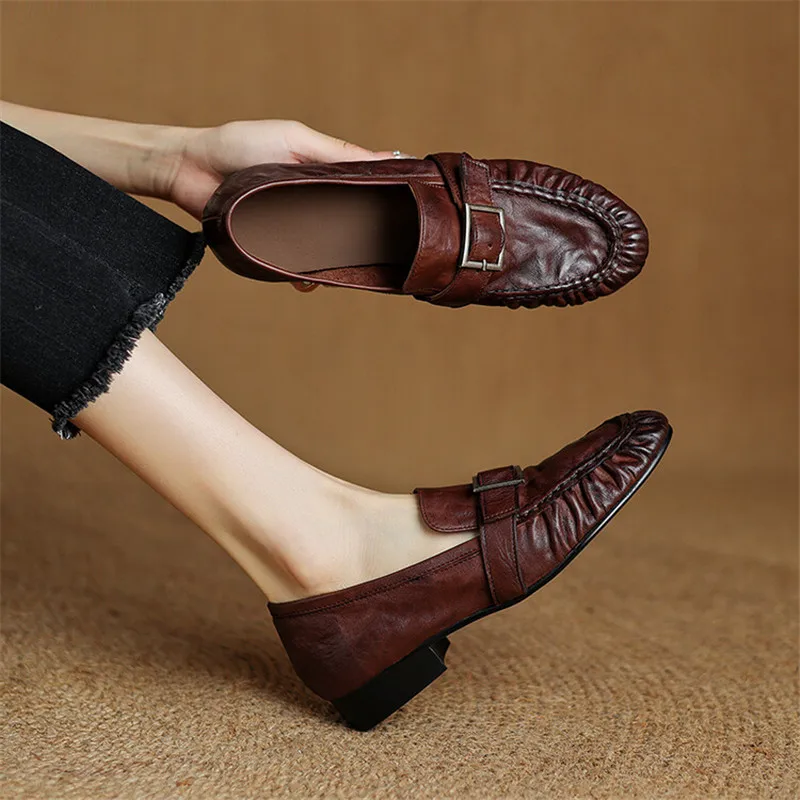 Lee más sobre el artículo Zapatos de tacón grueso para Mujer, mocasines de piel auténtica con