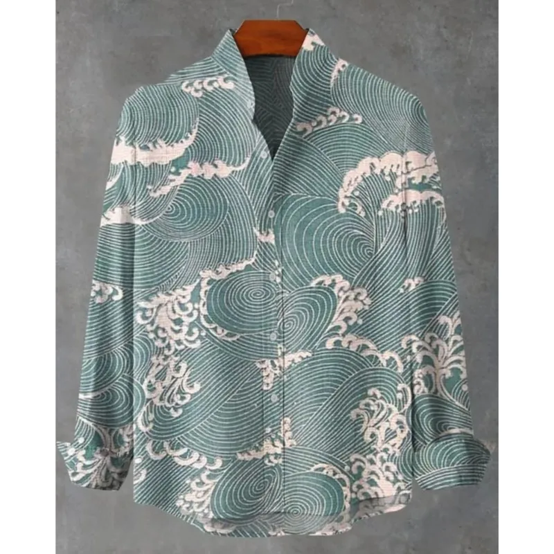 Lee más sobre el artículo Nuevos hombres Casual Retro Fish Wave Art Camisa de bolsillo de mang