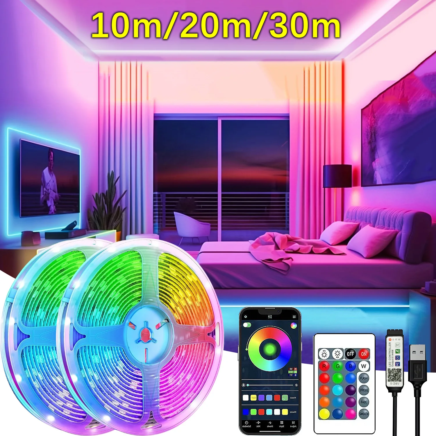 Lee más sobre el artículo Luces Led USB de 5V para habitación, tira de luces Led RGB, 10m, 20m