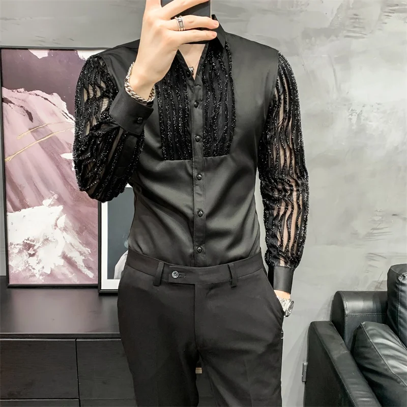 Lee más sobre el artículo Camisas de encaje con agujeros Para Hombre, blusa ajustada de manga