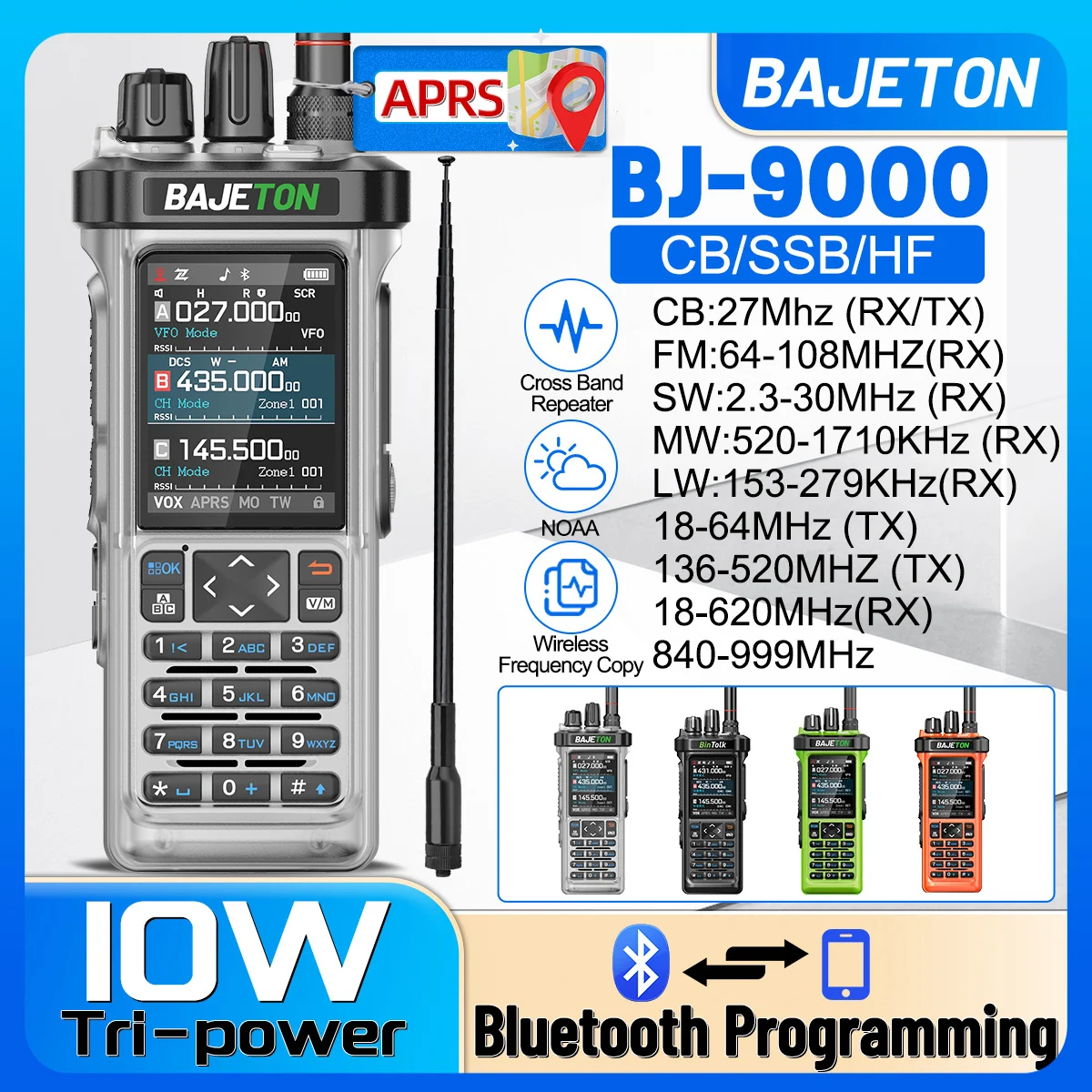 Lee más sobre el artículo BAJETON BJ-9000 Walkie Talkie APRS/GPS 10W CB banda cruzada Bluetoot