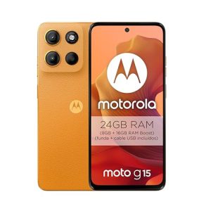 REBAJADO: Motorola Moto g15 24GB /128GB Naranja, España, Pantalla de 6.72» FHD+, Sistema de cámaras de 50 MP y Objetivo Ultra Gran Angular, Batería 5100 mAh, Carga TurboPower, Soft Luxe | Oferta Amazon