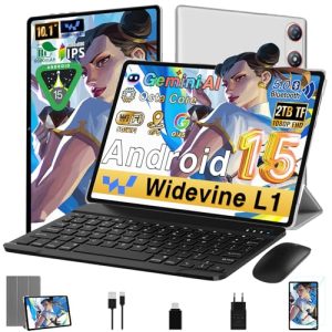 DESCUENTO: Tablet Android 15 10 Gemini AI, 64GB + 2TB TF, Octa-Core 2.0Ghz, 1280*800 FHD IPS, Standby Extra Largo, 5G WiFi, Widevine L1, 5MP+8MP, Face ID, Tablet + Funda + Teclado y Ratón, Plateado