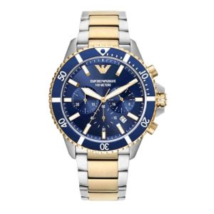 ¡GRAN PRECIO! Emporio Armani Reloj Hombre, Movimiento cronógrafo, 43mm Caja de acero inoxidable plateado con correa de acero inoxidable, AR11362, Tono dorado y azul real en promoción