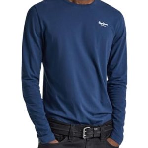 CHOLLO: Pepe Jeans Original Basic Camiseta para Hombre Slim Fit Manga Larga Azul, L