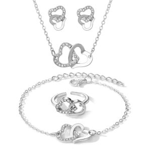 DESCUENTO: KONFEN Conjuntos de Joyería de las Mujeres, Boda Brillantes Joyas de Piedras Preciosas, Doble Amor Collar Ajustable, Pendientes y Pulsera de Anillo de Cumpleaños Bodas Regalos, Plata rebajado hoy