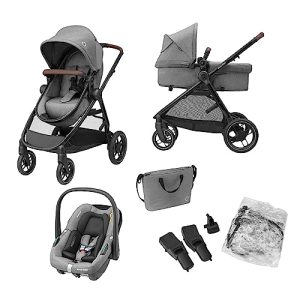 OPORTUNIDAD: Maxi-Cosi Zelia S Trio Cochecito Bebe 3 Piezas, 0 – 4 Años, hasta 22 kg, Plegable, Compacto y Reclinable Silla de Paseo, con CabrioFix S i-Size Silla Coche Bebe, Accesorios, Bolso Cambiador, Gris | Oferta Amazon