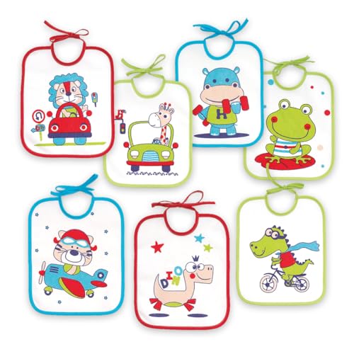 TOP VENTAS: Ti TIN Pack 7 baberos bebé impermeables con rizo de algodón plastificado, forro de vinilo y cierre con cintas. Suaves, absorbentes y fáciles de lavar. Diseños divertidos. al mejor precio