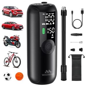 PROMOCIÓN: Woowind Compresor Aire Portatil 150PSI/10,3Bar, Bomba Bicicleta, Inflador Ruedas Coche, Inflado en 1 Minuto, Hinchador Ruedas Coche, Bici, Moto y Balones, Apagado Automático, Pantalla LCD Linterna LED con oferta