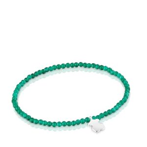 OFERTA: TOUS Pulsera Elástica para Mujer con Bolas Redondas Facetadas de Calcedónia En Color Verde y Motivo Oso de Plata de Primera Ley, 17cm de Largo, Colección Motivos | Oferta Amazon