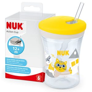 CHOLLO: NUK Action Cup taza para niños | +12 meses | Pajita blanda de accionamiento por giro | A prueba de fugas | Sin BPA | 230 ml | Gato | 1 unidad