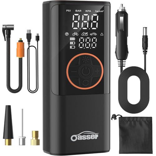 OFERTA: Oasser Compresor Aire Portatil 6000mAh 150PSI Inflador Ruedas Coche Pequeño Pantalla LCD Doble Visualización Cable Encendedor 3M Parada Automática Bolsa Almacenamiento para Coche Moto Bicicleta Bola con oferta