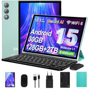PROMOCIÓN: Tablet 10 Android 15 con Gemini AI, 30GB 128GB Ampliable 2TB, Octa-Core, BT 5.0, Widevine L1, Batería 8000mAh, Cámara 8/5 MP, Teclado, Ratón y Funda, Cuerpo Metálico, Verde Azulado | Oferta Amazon