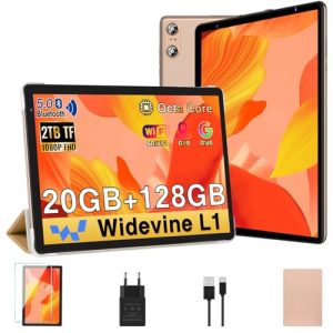 REBAJADO: BIEGEDY Tablet 10 Android, 20GB + 128GB , Octa-Core, Widevine L1,GMS/Dual Band /5 MP + 8 MP / 1280 * 800 Pixels/ 5.0, Tablet con Funda Oro