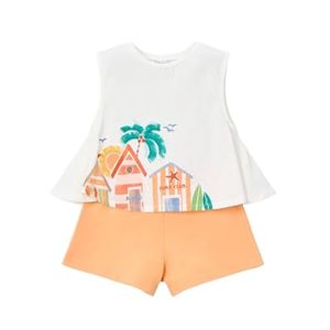 DESCUENTO: Mayoral Conjunto Niña Verano – Camiseta Blanca Sin Mangas con Estampado y Short – Ropa Infantil Cómoda y Fresca -Algodón rebajado hoy