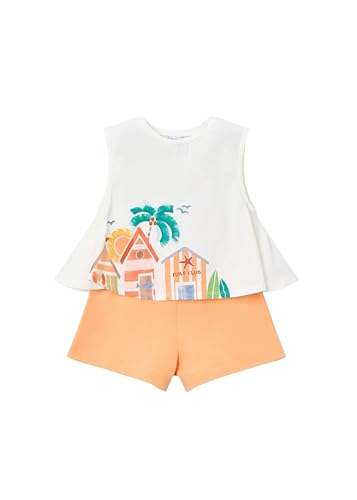 DESCUENTO: Mayoral Conjunto Niña Verano - Camiseta Blanca Sin Mangas con Estampado y Short – Ropa Infantil Cómoda y Fresca -Algodón rebajado hoy