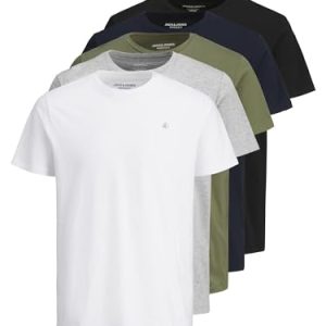 JACK & JONES JORJXJ – Pack de 5 Camisetas para Hombre, Manga Corta, Cuello Redondo, 100% Algodón, Regular Fit, Multicolor, S en promoción