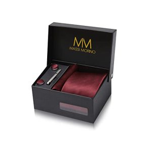 Massi Morino Corbata rojo escuro con Pañuelo | Set de Corbata para Hombre incl. Gemelos, Pasador y Caja de Regalo | Accesorios ideal para Bodas con descuento
