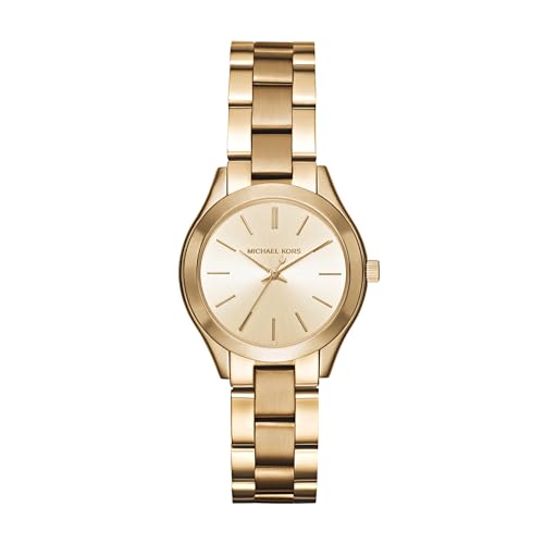 OPORTUNIDAD: Michael Kors Reloj Slim Runway para mujer, 33mm Movimiento de cuarzo a tres agujas con correa de acero inoxidable, Tono dorado y crema, 33 mm en promoción