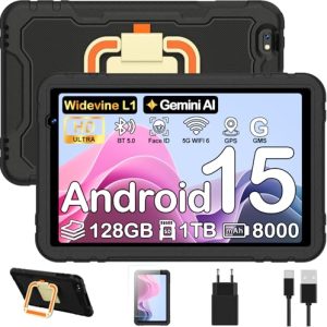 REBAJADO: Tablet 10 Android 15, 128GB + 2TB TF, Widevine L1, Control Parental, 8000 mAh, Octa-Core 2.0Ghz, Face ID, GMS, GPS, , Protective Antichoque EVA + Soporte giratorio de 360° – Negro con oferta