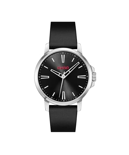 HUGO Reloj Tres manecillas con Movimiento de Cuarzo para Hombre, colección #Smooth, con Correa de Piel Negra, 1530417 con descuento