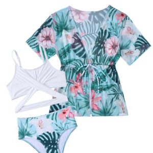 DESCUENTO: Arshiner Niñas Conjunto de Bikini 3 Piezas con Pareo Bañador Verano Falda Impresión Traje Ropa de Playa para Niñas 7-8 Años Azul Y Lirio | Oferta Amazon