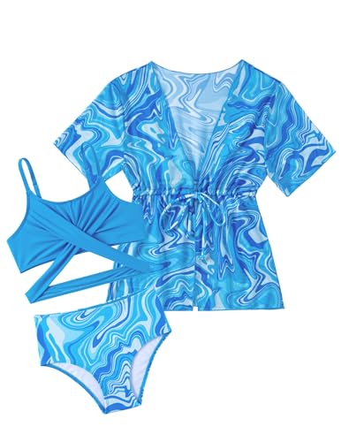 PROMOCIÓN: Arshiner Niñas Conjunto de Bikini 3 Piezas con Pareo Bañador Verano Falda Impresión Traje Ropa de Playa para Niñas 11-12 Años Olas en promoción