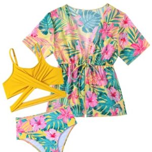¡GRAN PRECIO! Arshiner Niñas Conjunto de Bikini 3 Piezas con Pareo Bañador Verano Falda Impresión Traje Ropa de Playa para Niñas 7-8 Años Amarillo Y Flores rebajado hoy