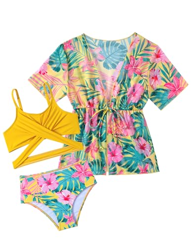 ¡GRAN PRECIO! Arshiner Niñas Conjunto de Bikini 3 Piezas con Pareo Bañador Verano Falda Impresión Traje Ropa de Playa para Niñas 7-8 Años Amarillo Y Flores rebajado hoy