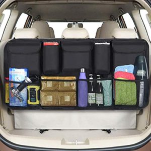 REBAJADO: URAQT Organizador Maletero, Bolsas de Malla para Coche con 9 Bolsillos, Correa Ajustable y 3 Cinta de Fijación, Adecuado para SUV, MVP, 52x105cm