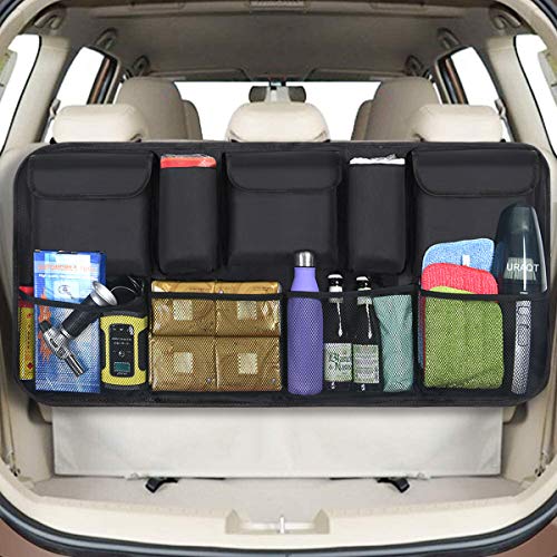 REBAJADO: URAQT Organizador Maletero, Bolsas de Malla para Coche con 9 Bolsillos, Correa Ajustable y 3 Cinta de Fijación, Adecuado para SUV, MVP, 52x105cm