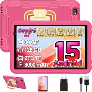 CHOLLO: Tablet niños 10 Android 15 con Gemini AI 30 + 128GB , Octa-Core, GPS, , Widevine L1, 8000mAh, Control Parental, Protective Antichoque Eva + Soporte giratorio de 360° -Rosa