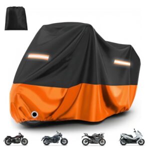 OPORTUNIDAD: Favoto Funda para Moto y Scooter – Cubierta Impermeable y Anti-UV con Orificio para Candado, Lona de Protección Exterior e Interior, Negro y Naranja, 245x105x125cm en promoción