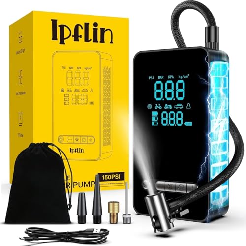 Ipflin Inflador Ruedas Coche - Compresor Aire Portatil 150PSI con Linterna y Batería Recargable - para Coches, Motos, Bicicletas | Manómetro Digital | SOS Emergencia y Carga USB para Viajes Familiares rebajado hoy