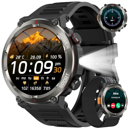 TOP VENTAS: Reloj Inteligente Hombre, Smartwatch Hombre con Linterna, Brújula,2 Correas