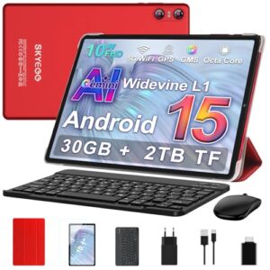 OFERTA: SKYEGG Tablet 10 Android 15 con Gemini AI, 30 GB + Ampliable 2 TB , Octa-Core, Widevine L1, G, BT 5.0, Cámara 8 MP + 5 MP, Batería 6000 mAh, con Teclado, Ratón y Funda – Rojo con descuento